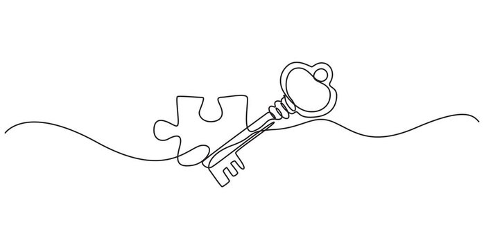 Continuous one line drawing of puzzle, key, solution, business concept, line art, vector, Animated self drawing of key into puzzle piece, Teamwork and partnership solving complicated tasks. animation.