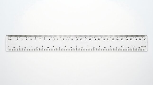 Clear plastic ruler showing metric and imperial measurements isolated on a bright white studio background