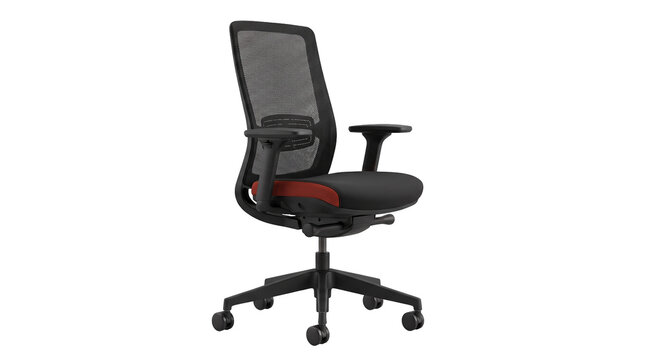 Ergonomic black office chair with mesh back and wheels as isolated element