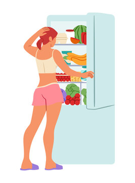 Woman choosing food. Person opening refrigerator with fruits, vegetables and dairy, home grocery storage and everyday nutrition, domestic kitchen scene. Vector cartoon flat style isolated illustration