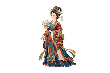 Fototapeta premium Elegant Chinese woman wearing detailed traditional Hanfu dress holding a hand fan decorated with red flowers