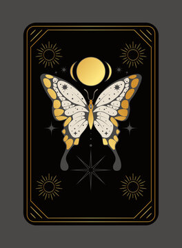 Mystic butterfly card. Elegant tarot style with golden moon, stars and ornate border on black background, insect golden wings, symbolic celestial ornament spiritual poster vector isolated illustration