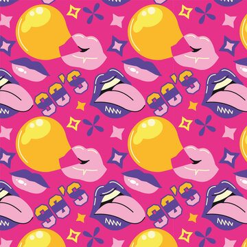 Pop art lips pattern. Seamless bright background with glossy lips, bubblegum, modern pop culture. Decor textile, wrapping paper, wallpaper. Print for fabric. Vector cartoon flat isolated illustration
