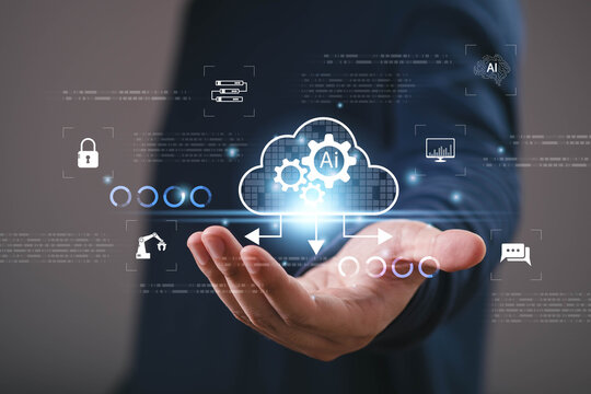 Artificial intelligence cloud technology concept showing a digital cloud interface with AI, automation, data, servers, cybersecurity, analytics, connectivity, and smart business solutions.
