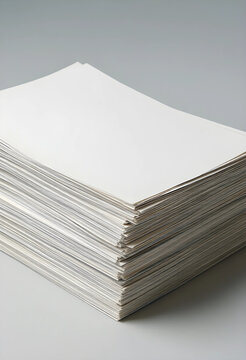Productivity and office administration, stack of blank white paper sheets for printing or document preparation on a neutral gray background