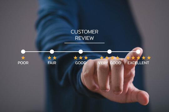 Customer review concept showing a person selecting a five star rating on a digital interface, representing customer satisfaction, feedback, service quality, business reputation, and experience.