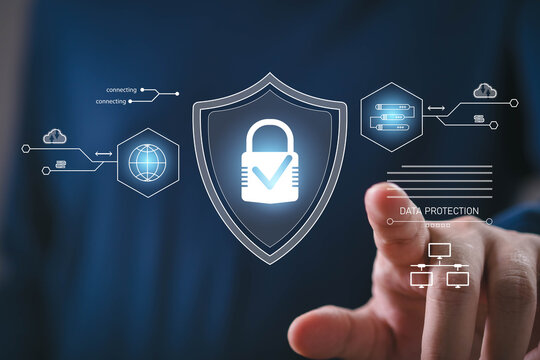 Cybersecurity data protection concept featuring a glowing shield and lock interface, connected to cloud servers and global networks, symbolizing privacy, encryption, secure access, and defense.