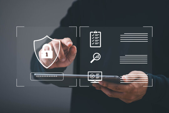 Cybersecurity and data protection concept featuring a secure smartphone interface, shield and lock icons, password access, digital verification, privacy, network security, and information safety.