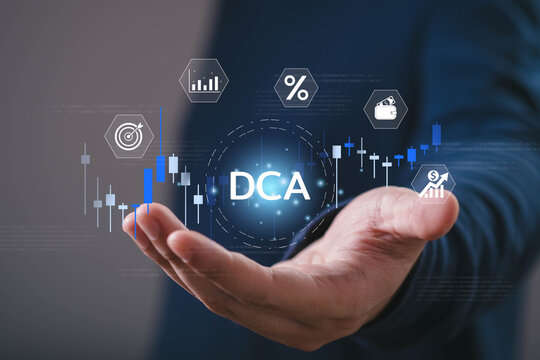Dollar cost averaging DCA investment concept with financial charts, market trends, percentage growth and money symbols, illustrating disciplined investing, portfolio planning, and wealth building.