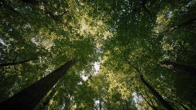 Looking up through lush green forest canopy with sunlight filtering through leaves and trees