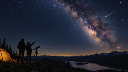 Fototapeta premium Stargazing couple camping with telescope under milky way and shooting star
