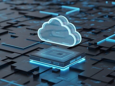 Modern glowing cloud computing icon resting on a detailed processor chip and futuristic circuit board