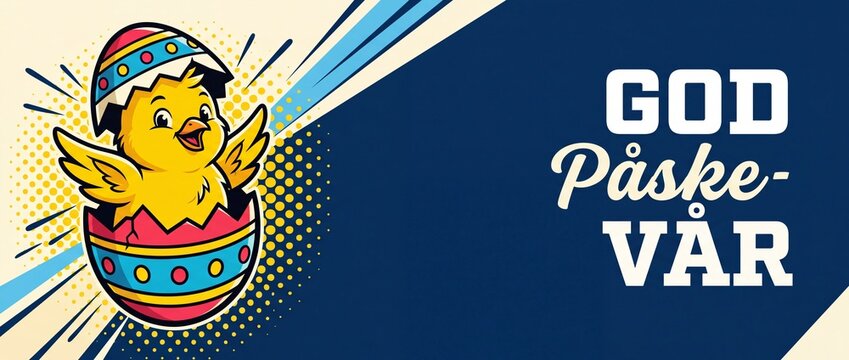 Easter chick hatching egg vector pop art retro greeting banner for Scandinavian spring holiday God Paske Var celebration banner background comic book style retro colorful graphic illustration design