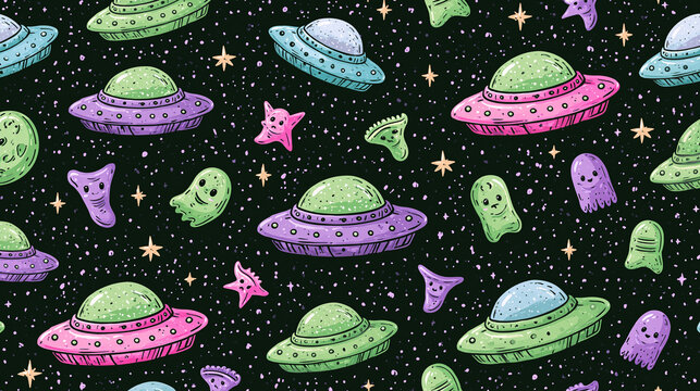 Colorful alien spacecraft and whimsical creatures on a dark cosmic background.