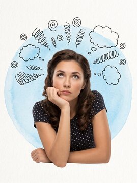Thoughtful woman thinking with abstract swirls and clouds