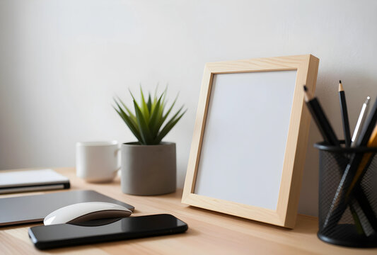 Minimalist workspace mockup with empty wooden picture frame, home office desk with laptop and stationery for creative branding and interior design