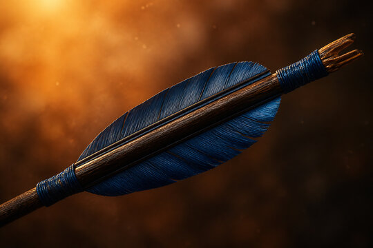 A blue feather attached to a wooden arrow is suspended against a warm, glowing background.