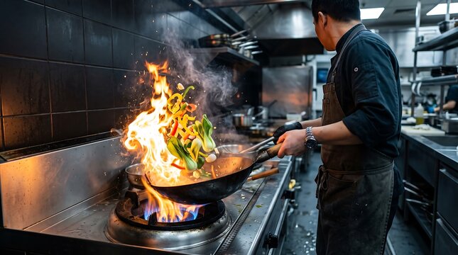 Professional chef flambing food on a large commercial wok in a busy restaurant kitchen