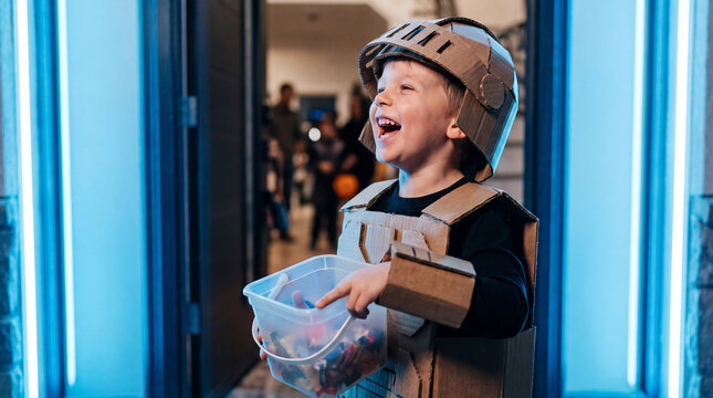 A laughing white boy in a robot costume trick-or-treating with a pumpkin bucket at a front door for Halloween autumn fall October holiday celebration stock.