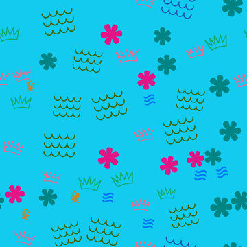 Seamless pattern of simple icons: waves, flowers, and crowns