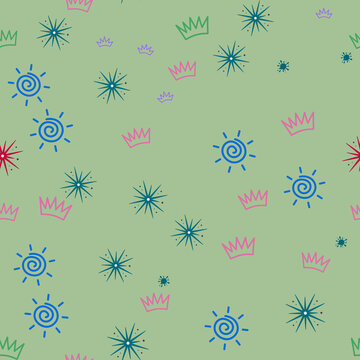 Seamless pattern of suns and crowns