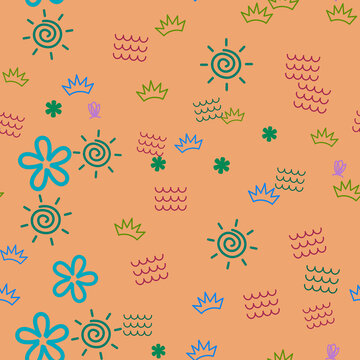 Seamless pattern of suns, waves, flowers, and crowns