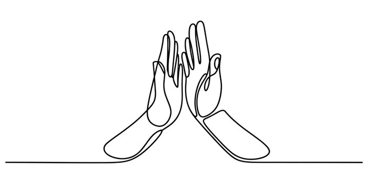 Two hands high five in a single line drawing on white background for teamwork and success.
