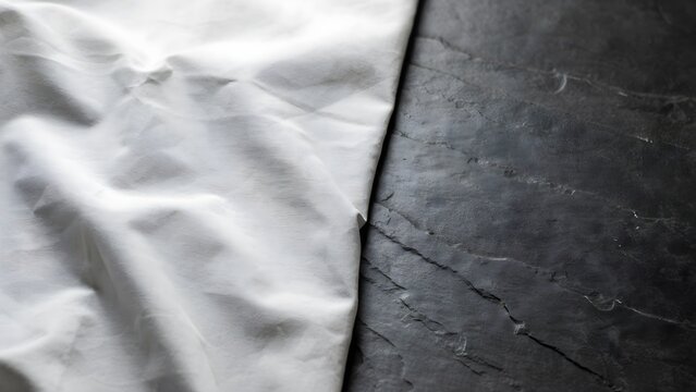 White fabric cloth with fingerprint pattern next to dark slate stone