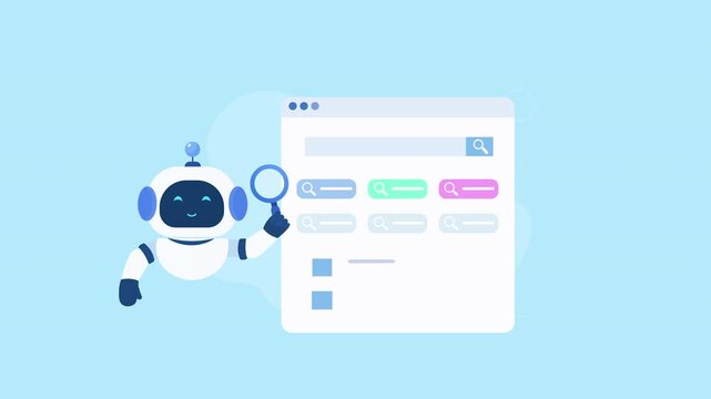 Animated video showing a friendly AI robot beside a digital workflow interface with status labels and task elements, representing automation and smart task management on a soft blue background.