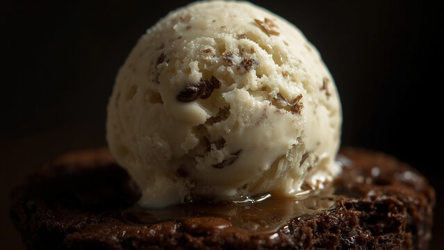 Scoop of stracciatella vanilla ice cream with chocolate flakes on freshly baked warm brownie
