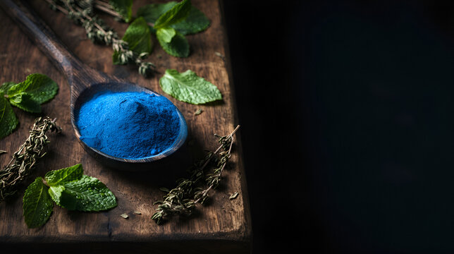 Vibrant blue powder in ceramic bowl on rustic wooden surface with fresh mint leaves