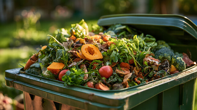 Open green compost bin filled with organic kitchen food waste vegetable scraps and garden refuse outdoors in sunlight ready for recycling and sustainable soil enrichment practice environment strategy