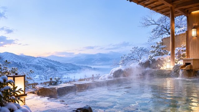 雪景色が広がる冬の山々と湖を望む高級温泉旅館の露天風呂