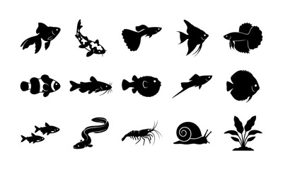 Obraz premium Set of black silhouettes representing various aquarium fish and aquatic life for design