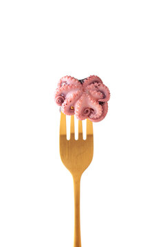 Small octopus on a fork on a white background. Sea food