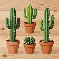 Obraz premium Home decor and interior design, collection of potted cactus plants on a rustic wooden background for botanical lifestyle and gardening hobby concepts