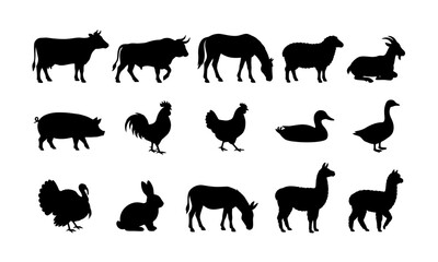 Fototapeta premium Collection of various farm animal silhouettes isolated on a plain white background design