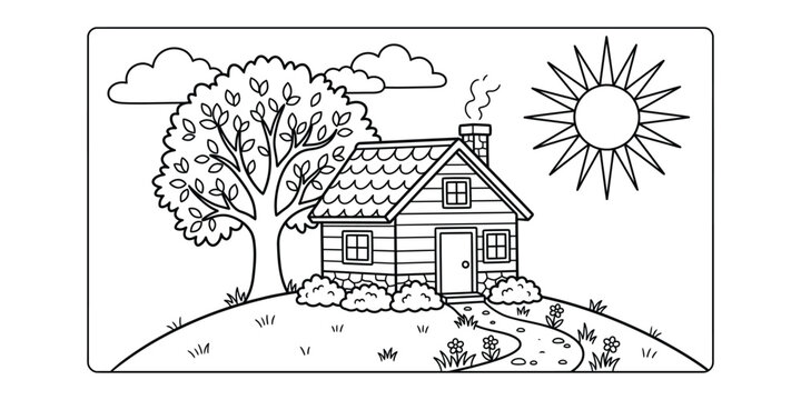 Coloring page of a house with a tree and sun