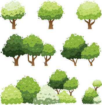 Cartoon trees in varying shapes and shades of green
