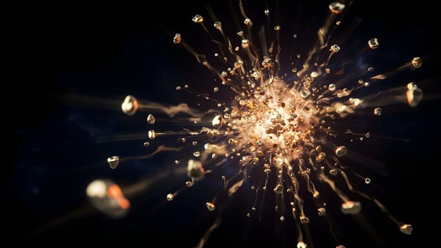 Abstract explosion of golden particles and debris in dark space