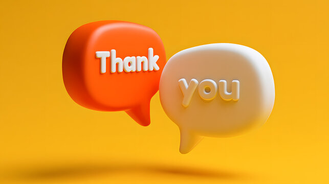 Playful thank you speech bubbles on a bright yellow background 3d render illustration for modern design communication social media customer appreciation gratitude concept art presentation vector graph