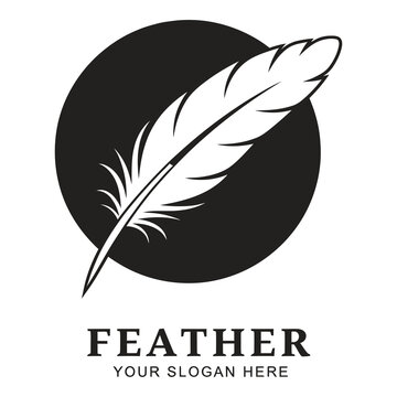 White feather logo on black circle background with sample text
