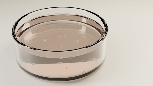 Air bubbles rising through amber liquid in a glass sample dish, macro 3D animation with copy space