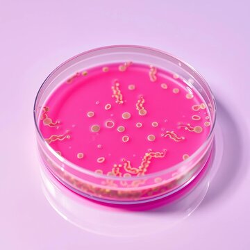 Petri dish containing pink media with cell cultures growing on agar surface, laboratory testing, research experiment