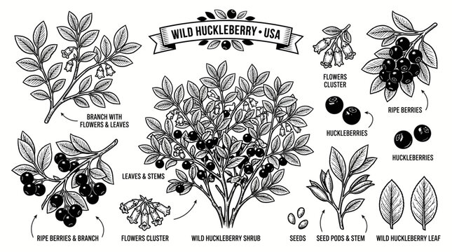 Very beautiful black and white vector set of Wild Huckleberry Shrub, leaves, flowers, berries, seeds and forest branches. Label: "WILD HUCKLEBERRY &bull; USA" no gradient, white background.