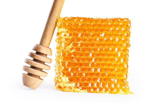 Piece of wax honeycomb filled with honey and a wooden spoon stick, isolated on white background.