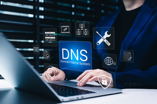 Domain Name System technology supports secure internet. Person manages DNS servers, website connectivity, network maintenance, cybersecurity and 24/7 digital operations for reliable business services