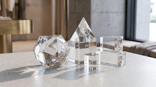 Transparent geometric glass prisms and shapes arranged beautifully on a speckled white stone surface interior setting
