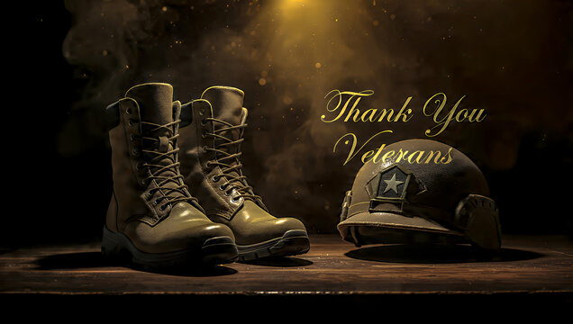 Military boots and helmets placed on a wooden table, softly illuminated from above, a subtle haze of smoke, a respectful atmosphere, and an elegant, minimalist message of "Thank You Veterans."