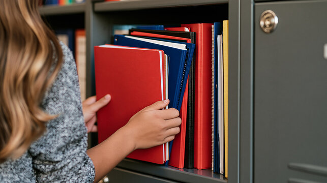 Student organizing colorful binders, notebooks and folders inside a school locker, practical academic organization concept, student life, school supplies, organization, classroom